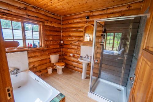 a bathroom with a tub and a shower in a log cabin at Little Lions in Dullstroom