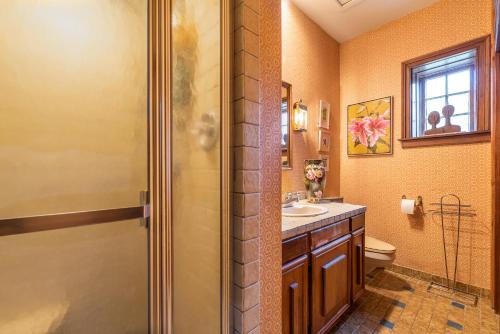 a bathroom with a shower and a toilet and a sink at Terrace Carriage House in Natchez