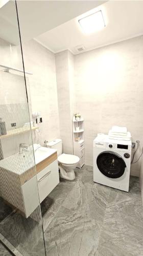 a bathroom with a washing machine and a toilet at Copou Luxury Suites in Vaslui