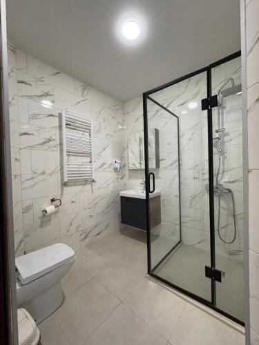 a bathroom with a glass shower and a toilet at Apart-Hotel Seti in Mestia