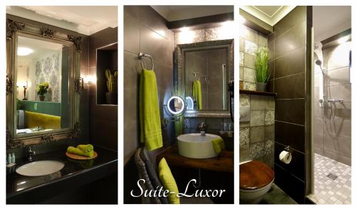 two pictures of a bathroom with a sink and a mirror at Querfurter Hof in Querfurt