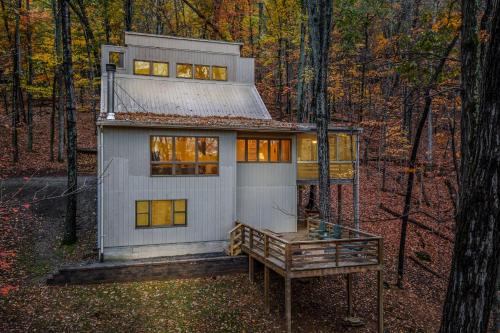 a tiny house in the middle of the woods at Black Forest - Wifi, Pet Friendly, Grill, Deck, Screen Porch, Family Friendly, Fireplace, Pool Access, Hiking in Berkeley Springs