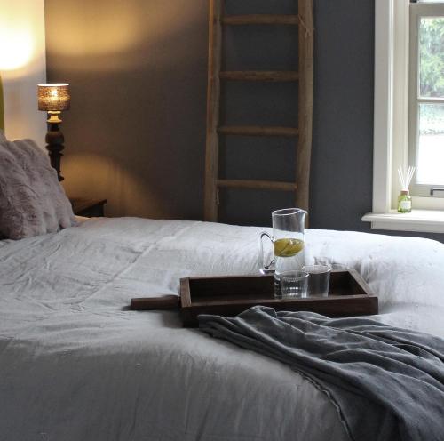 a tray on a bed with a drink on it at Het Verborgen Jagershuisje in Wedde