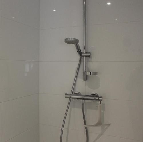 a shower with a shower head in a bathroom at Het Verborgen Jagershuisje in Wedde