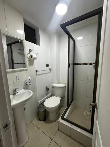 a bathroom with a toilet and a sink and a shower at Éclat Hotel Boutique in Iquique