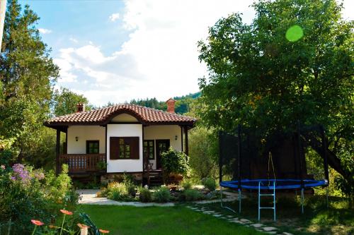 a small house with a blue trampoline in the yard at Golden Horn Guest House in Iskrets