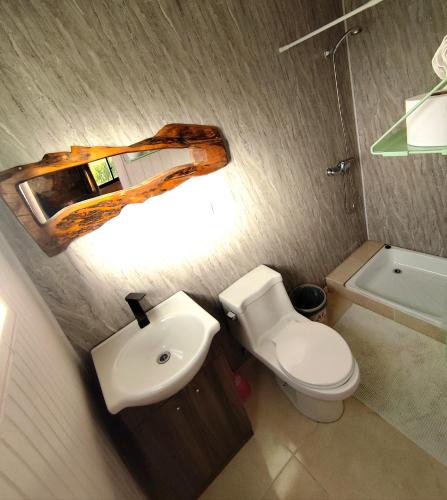 a bathroom with a white toilet and a sink at Cabaña monoambiente in Quellón