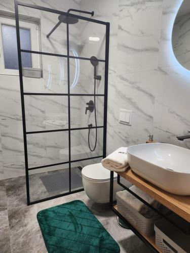 a bathroom with a sink and a toilet and a shower at Kuca za odmor PETAR u blizini Parka prirode PAPUK in Lisičine