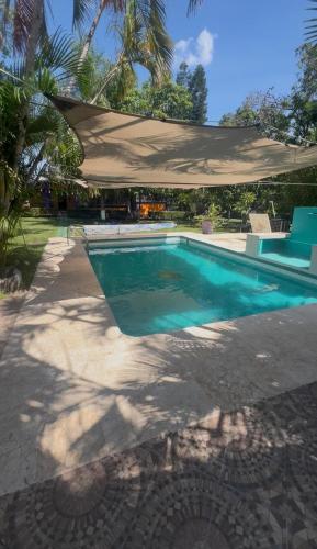 a swimming pool with a canopy over it at Exclusive paradise surrounded by nature in Alpuyeca