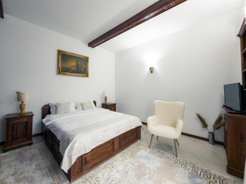 a bedroom with a bed and a chair and a tv at Baroque Residence in Timişoara