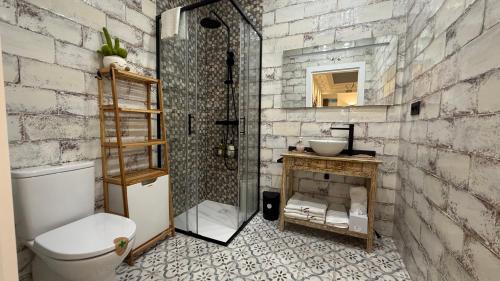 a bathroom with a shower and a toilet and a sink at Alojamiento Lope d vega in Alba de Tormes