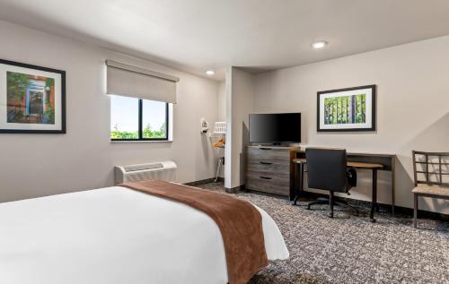 a bedroom with a bed and a desk and a television at My Place Hotel-Phoenix East Mesa, AZ in Mesa