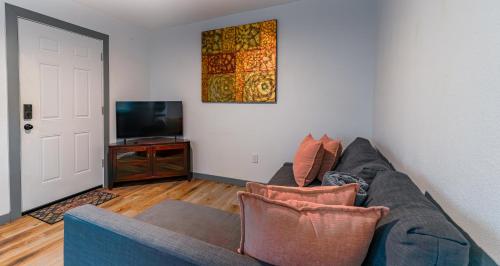 a living room with a couch and a television at FIFA World Cup - Stylish 2 BR 1 Bath home with fenced yard near AT&T Stadium, Globe Life, Six Flags & More in Arlington