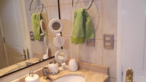 een badkamer met een wastafel en een spiegel bij Departamento Duplex Centro Pucon in Pucón