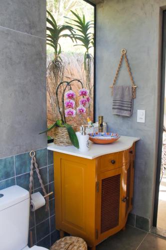 a bathroom with a yellow sink and a toilet at Chalé São Bernardo, Carmo RJ in Carmo