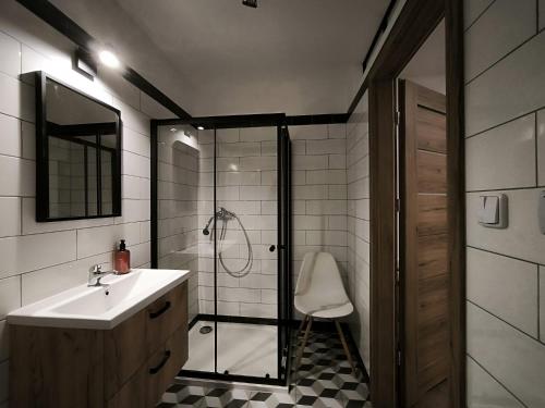 a bathroom with a shower and a sink and a mirror at Apartmány Pekárna in Staré Město