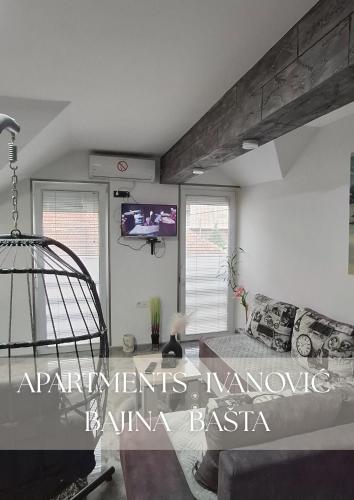 a living room with a couch and a tv at APARTMENTS IVANOViC CENTER CITY in Bajina Bašta