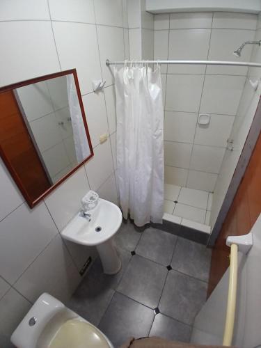 a bathroom with a shower and a toilet and a sink at Hotel Residencial San Isidro in Hualmay