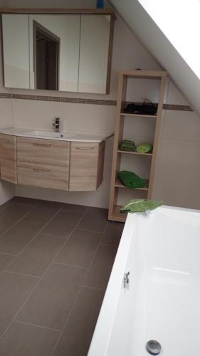a bathroom with a sink and a mirror at Haus Phil in Lenz