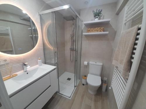 ein Badezimmer mit Dusche, Toilette und Waschbecken in der Unterkunft Bare Bare Etxea in Lekeitio