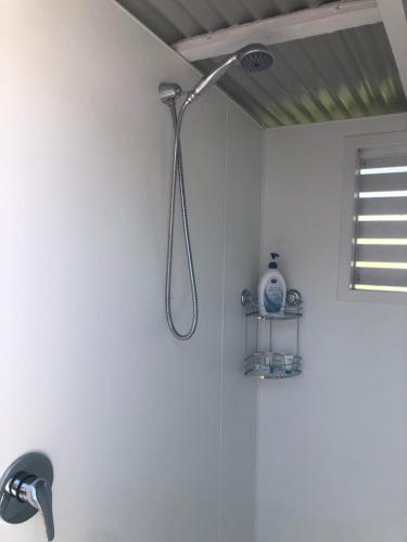 a shower in the corner of a bathroom at The Hideaway in Emu Park
