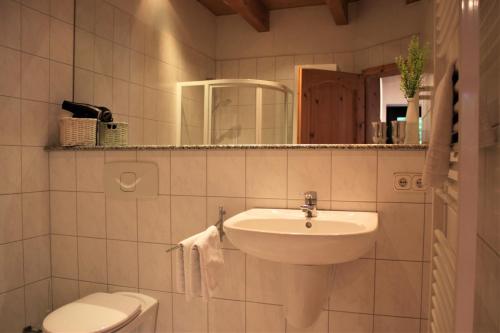 a bathroom with a sink and a toilet at Lütt Eddy in Kaltenhof
