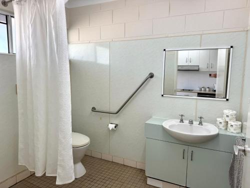 a bathroom with a sink and a toilet and a mirror at Bulgon Lodge in Collinsville