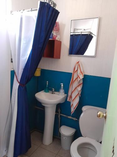 a bathroom with a sink and a toilet and a mirror at Cabaña Bellavista in Manzanar