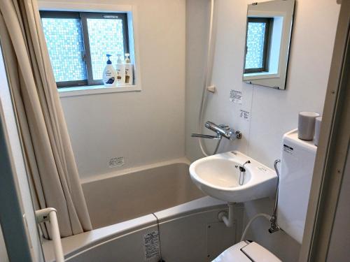a bathroom with a sink and a tub and a toilet at 別館JOUNi in Niijimamura