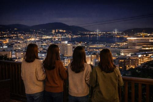 three girls sitting on a balcony looking at a city at night at Nagasaki Night View Terrace Entire Home -Inasayama Panorama稲佐山夜景テラス in Nagasaki