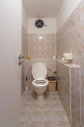 a bathroom with a white toilet and a shower at Hostel Turist in Zvolen