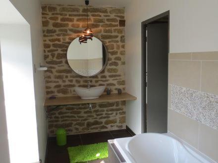 a bathroom with a sink and a mirror on a brick wall at Gîte d'olympe in Graffigny-Chemin