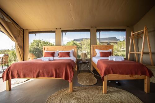 two beds in a room with windows at Entalet Mara Camp in Talek