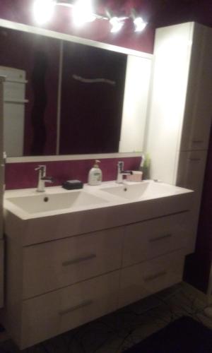 a bathroom with a white sink and a mirror at Chambre dans Grande maison au Coeur de Ville in Verdun