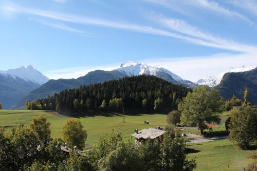 a farm in a field with mountains in the background at Appartamenti Le Bistrot in Saint Nicolas