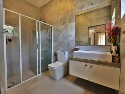 a bathroom with a shower and a toilet and a sink at Mervins & Indus Residence in Colombo