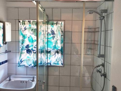 a bathroom with a shower and a sink at Billy Bay Cottage in Margate