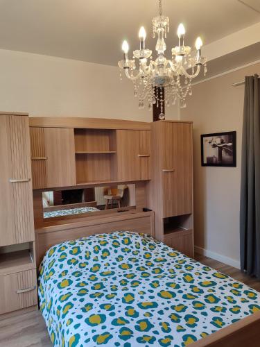 a bedroom with a bed and a chandelier at Appartement 2 chambres 52 m2 centre ville in Vendôme