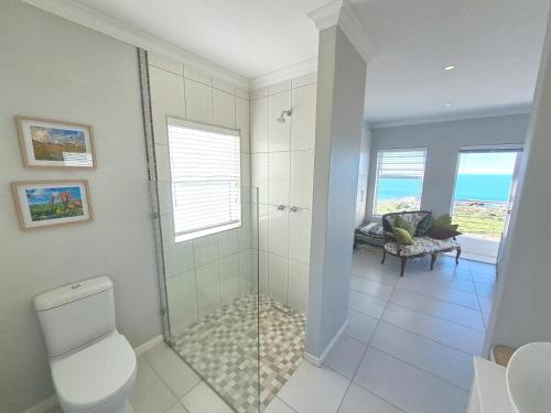 a bathroom with a shower with a toilet and a window at West Coast Rock in St. Helena Bay