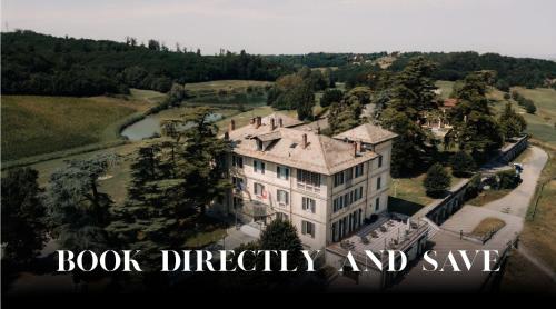 an aerial view of a house with the words book effectively and save at Hotel Villa La Bollina in Serravalle Scrivia
