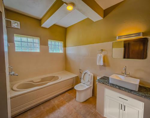 a bathroom with a tub and a toilet and a sink at Babai Outback Adventures PVT LTD in Bardiyā