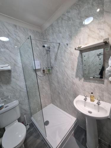 a bathroom with a shower and a toilet and a sink at Pride Lodge in Blackpool