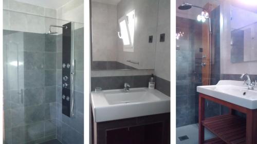 2 immagini di un bagno con lavandino e doccia di Casita Andaluza a San Luis de Sabinillas