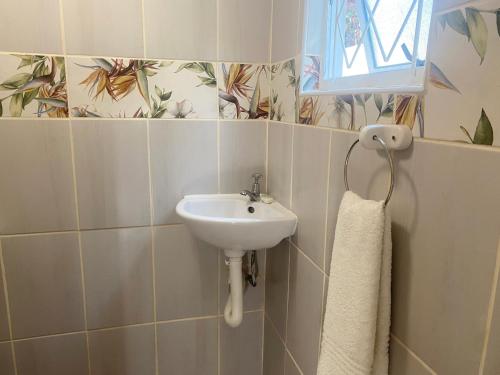 a bathroom with a sink and a towel at Fishermans Cottage - BillsBest in Port Edward