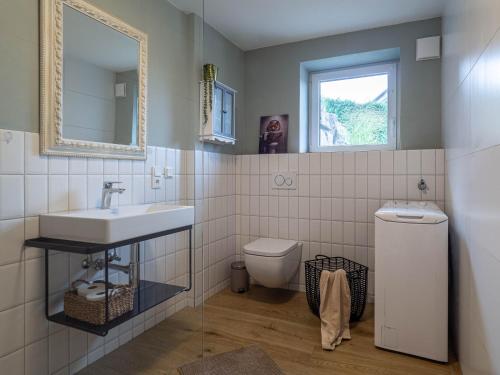 a bathroom with a sink and a toilet and a window at Fuchsbau nähe Sorpesee, ebenerdig mit Kamin und Garten in Sundern