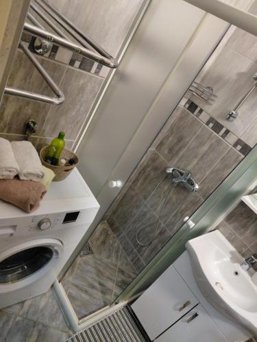 a bathroom with a shower and a sink and a toilet at Bonaca in Igalo