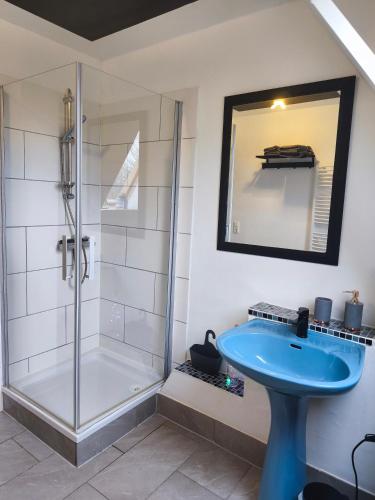 a bathroom with a shower and a blue sink at Watt in Karolinenkoog
