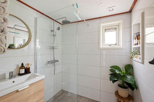 a bathroom with a shower and a sink at Chalet De Drentse Rust in Erm