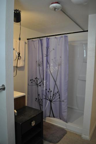 a bathroom with a shower with a purple shower curtain at K7 Bed and Breakfast in Pahrump