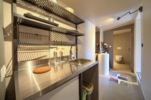 a kitchen with a sink and a toilet at Margari Villas in Linardići
